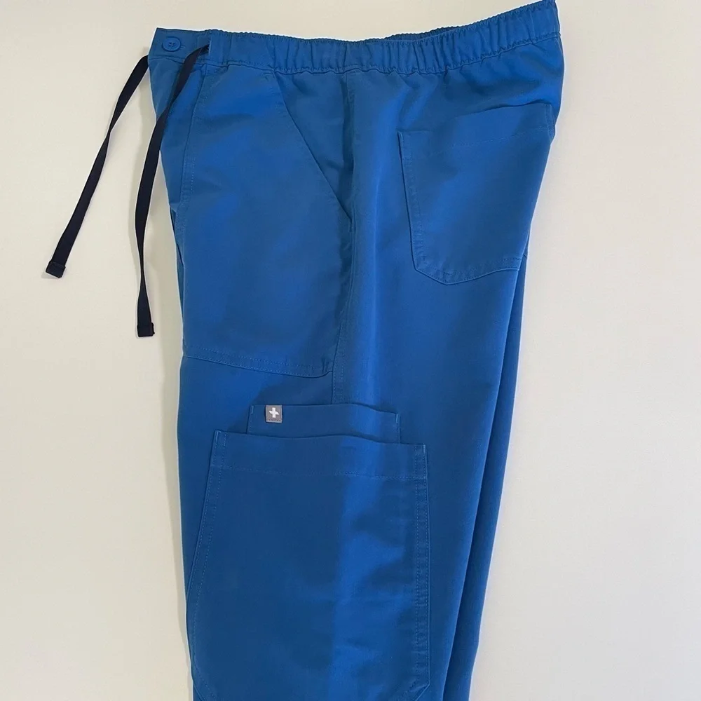 Figs Cairo Cargo Scrub Pants Drawstring Zip Fly Nine Pockets Royal Blue XS